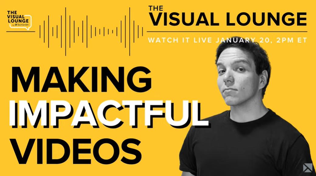 Promotional graphic for "MAKING IMPACTFUL VIDEOS" with a grayscale portrait on a yellow background.