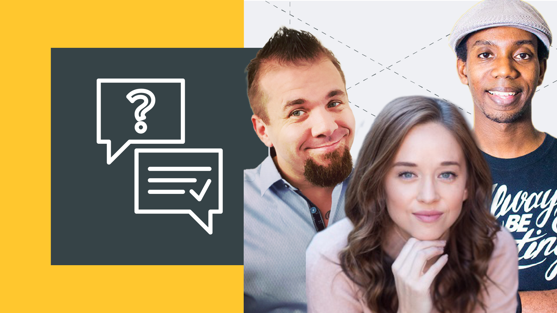 Three people beside speech bubble icons on a yellow and gray background.