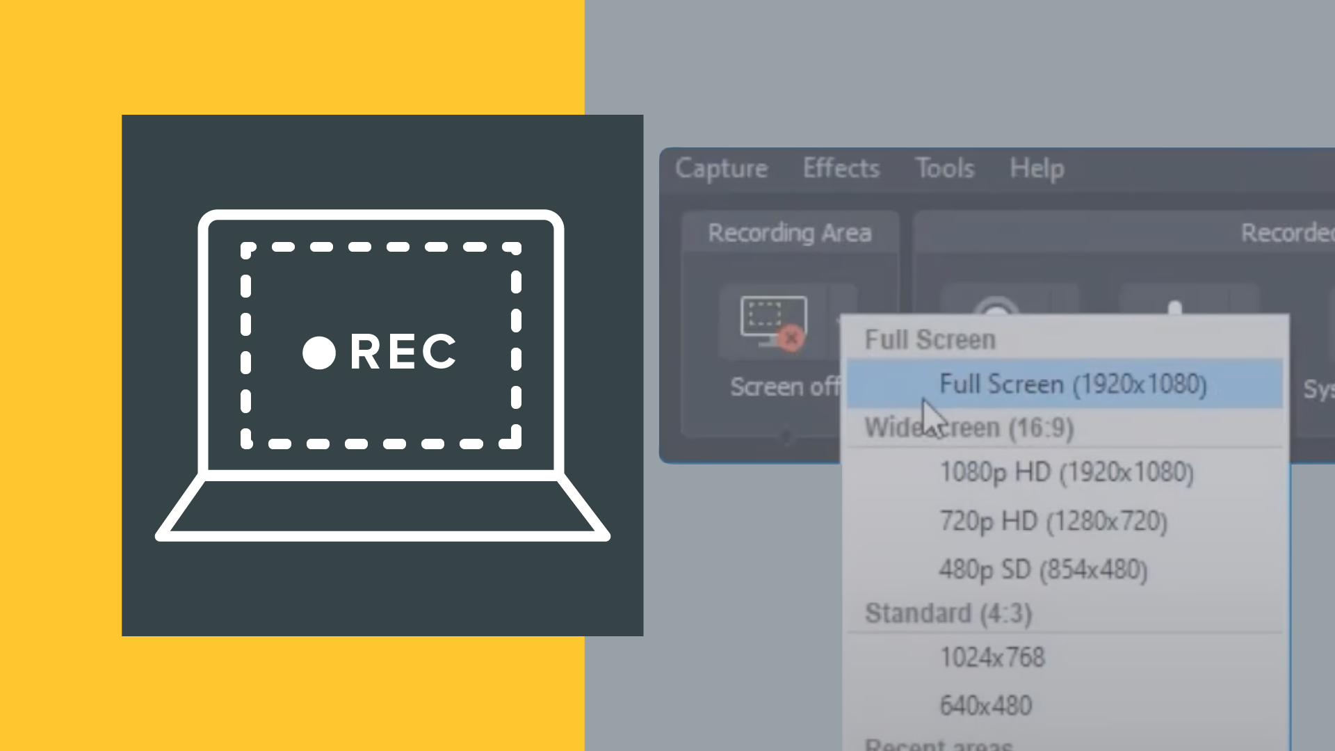 A thumbnail for a course titled "Screen Recording Basics: Recording Your Screen". On the left, a graphic shows a laptop with a recording icon and the word "REC" inside. On the right, a screen recording software interface displays options for selecting full-screen recording resolutions, including 1920x1080, 1280x720, and others.