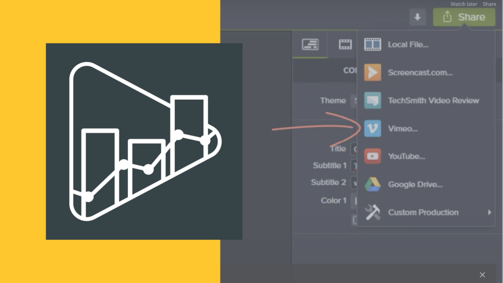 Thumbnail for a course on video sharing and publishing. A graph icon with upward-trending bars is on the left, while the right shows a sharing menu with options like Vimeo, YouTube, and Google Drive.