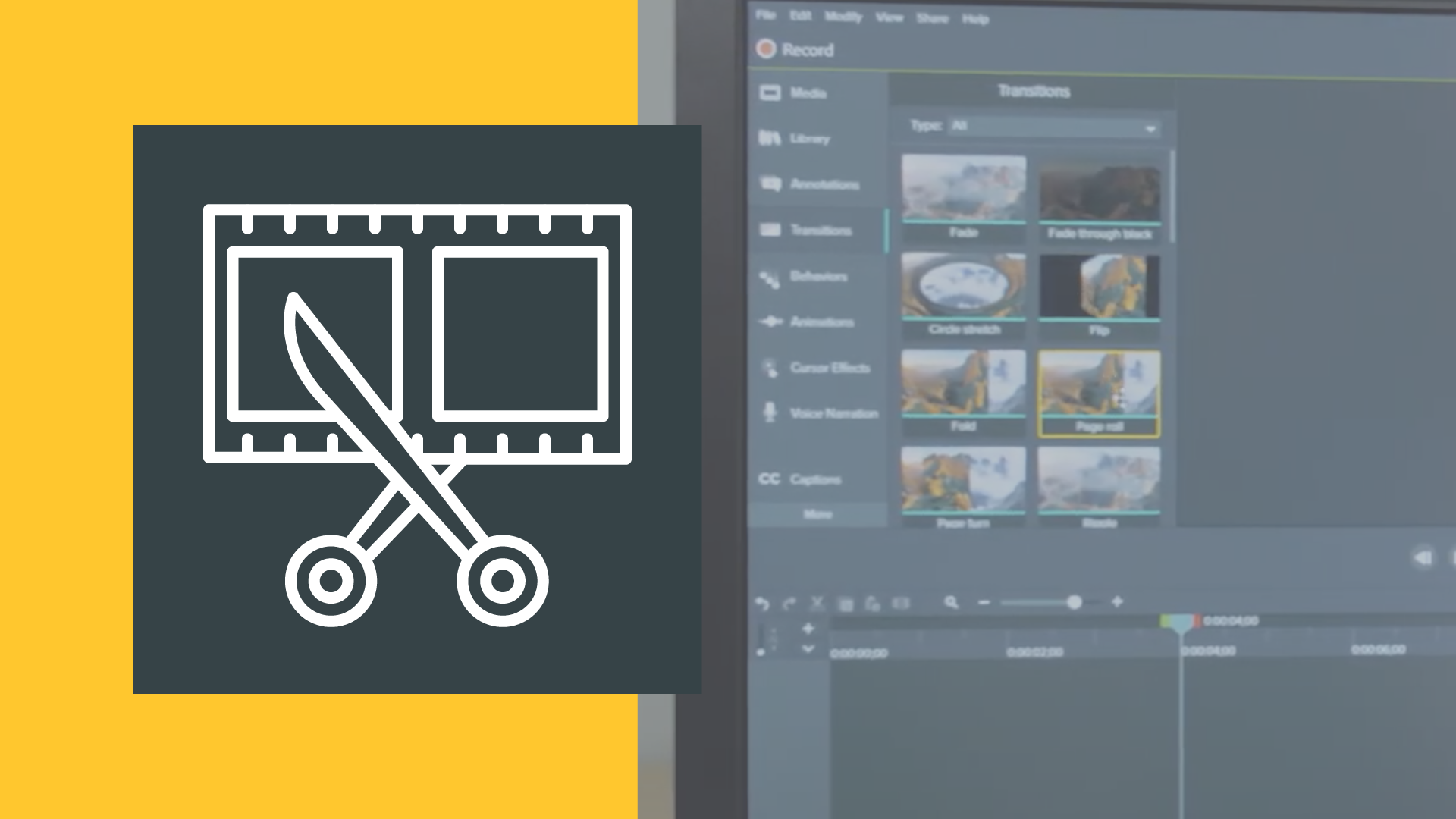 Thumbnail for a video editing course. A scissors and filmstrip icon appear on the left, and the right shows a video editing software interface with transition effects and a timeline.