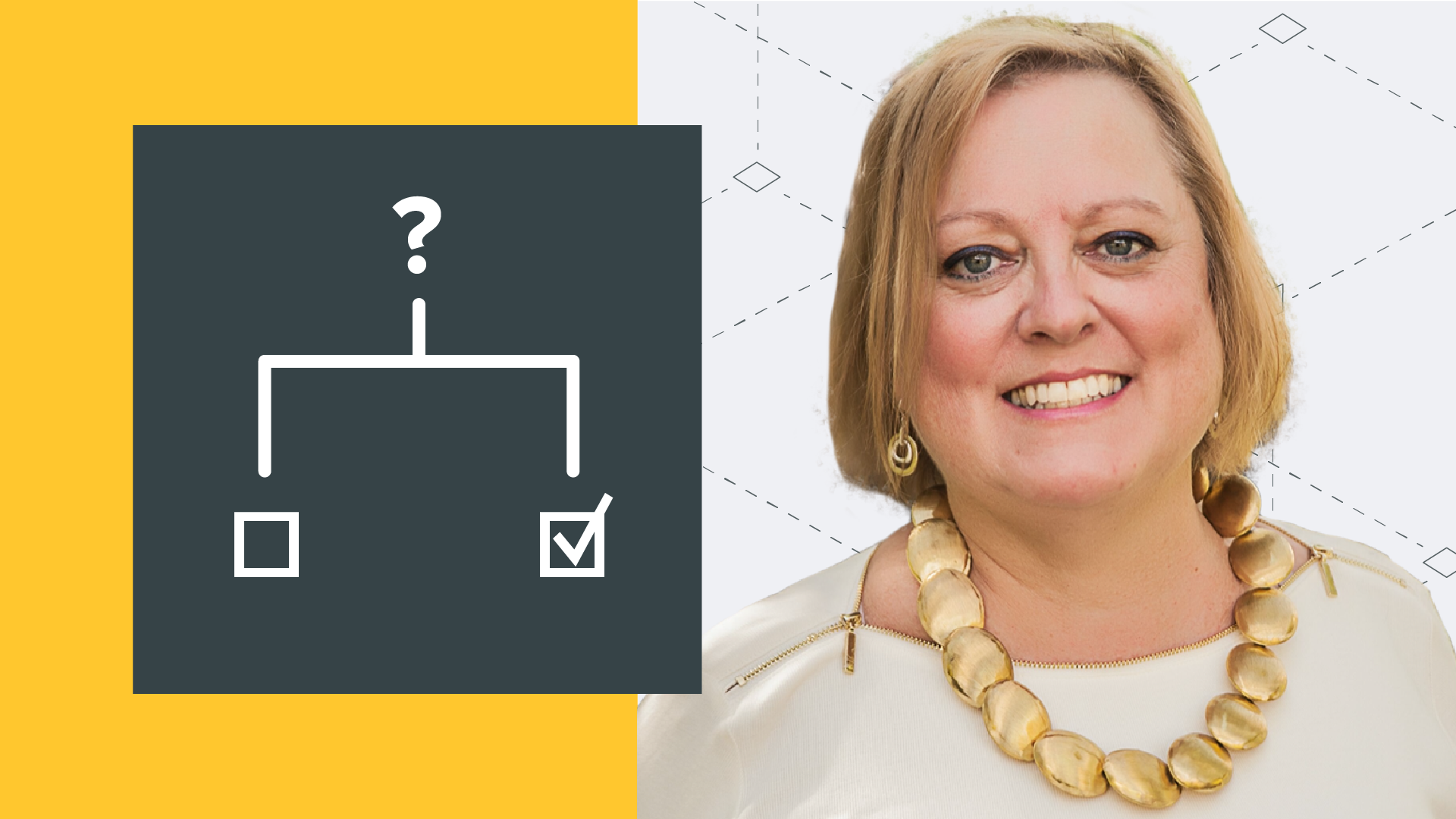 Split image with a flowchart and a smiling woman wearing a gold necklace.