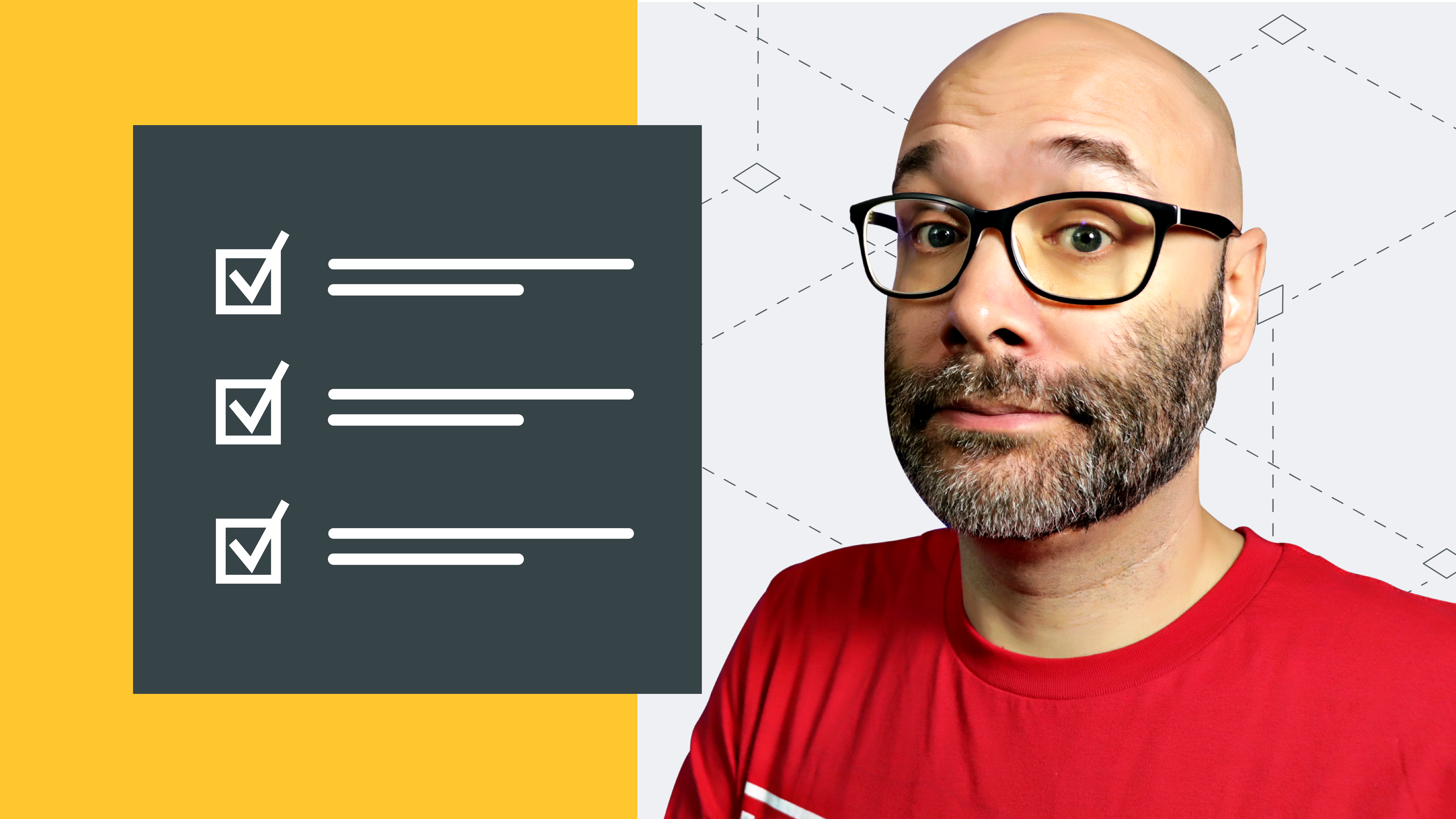 A man with glasses and a beard next to a checklist graphic.