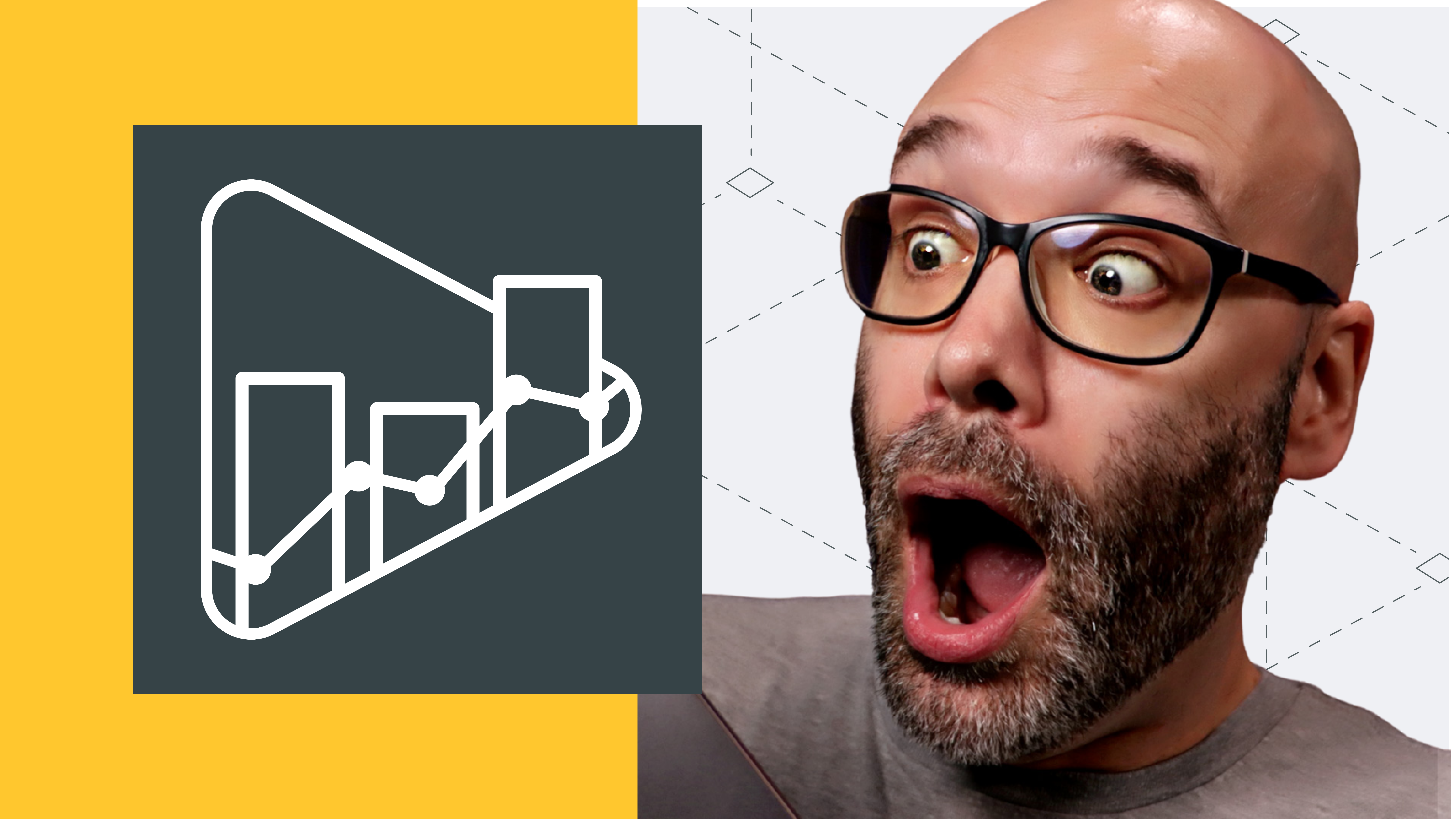 A chart symbol on a yellow and gray background next to a surprised man wearing glasses.