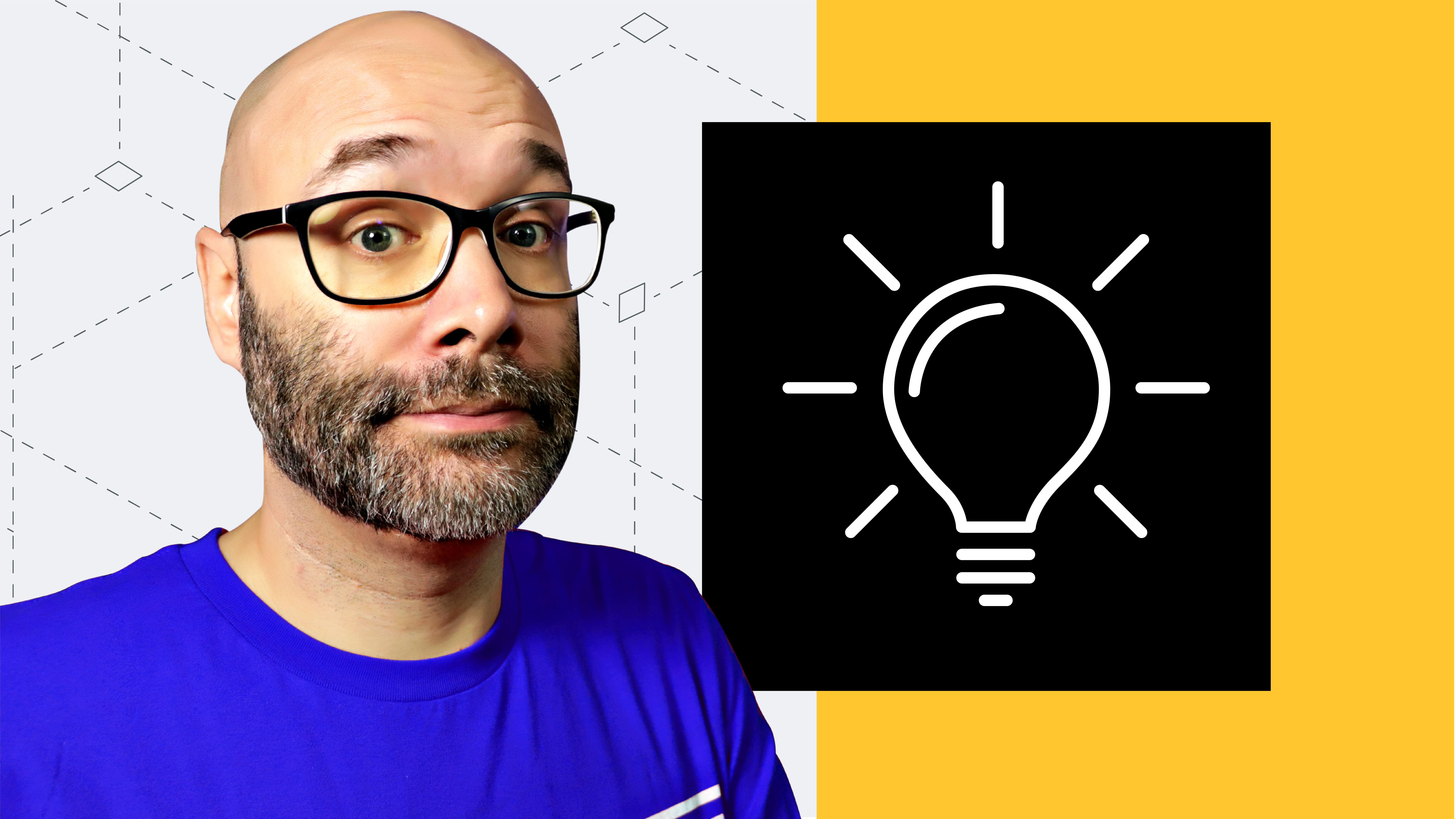 Person with glasses next to a light bulb graphic on a yellow and black background.