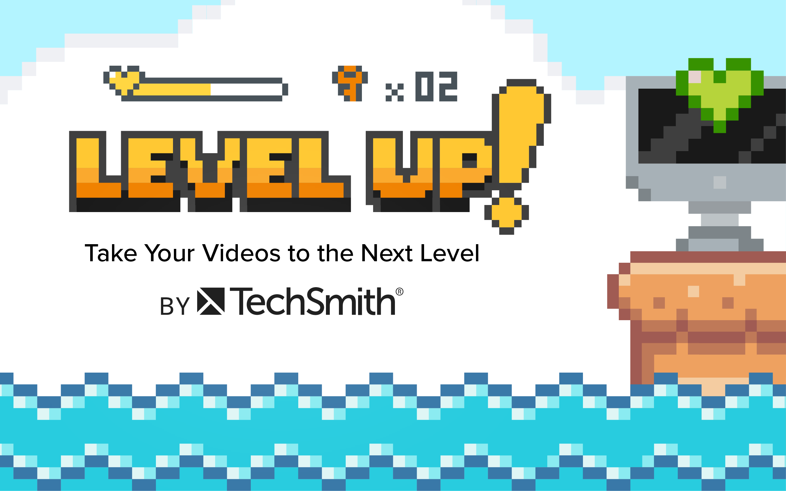 Retro-style image with the phrase "LEVEL UP!" and a pixelated computer with a green heart.