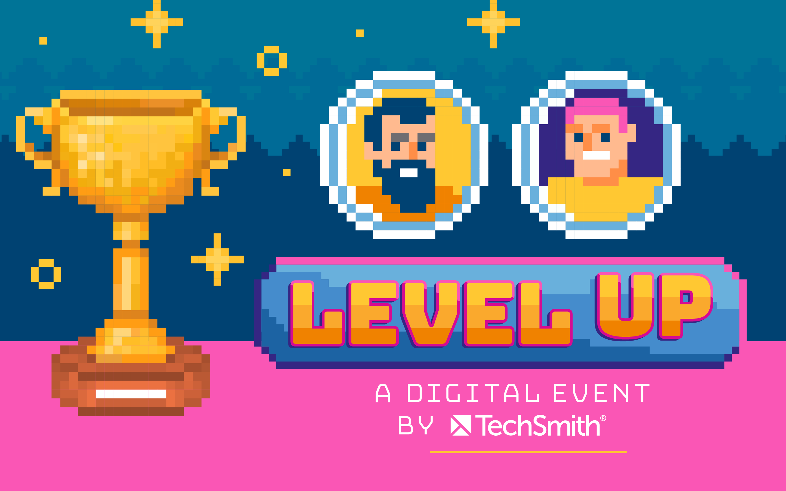 Pixel art with a trophy and character portraits, featuring the text "LEVEL UP."