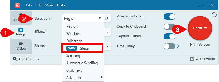Captura de pantalla de la ventana de captura con etiquetas numeradas en la pestaña Imagen, la opción Pasos del menú Selección y el botón Captura.