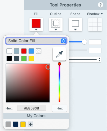 Propiedad de relleno y selector de colores para las herramientas