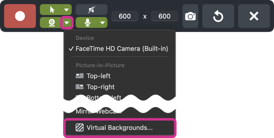 Accéder aux arrière-plans virtuels dans la liste déroulante des options de la webcam dans la barre d’outils d’enregistrement vidéo
