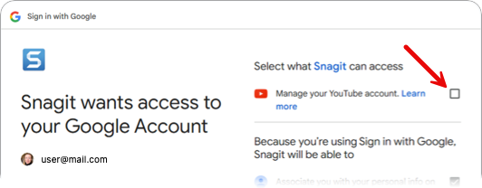 Diálogo de YouTube para permitir el acceso a Snagit