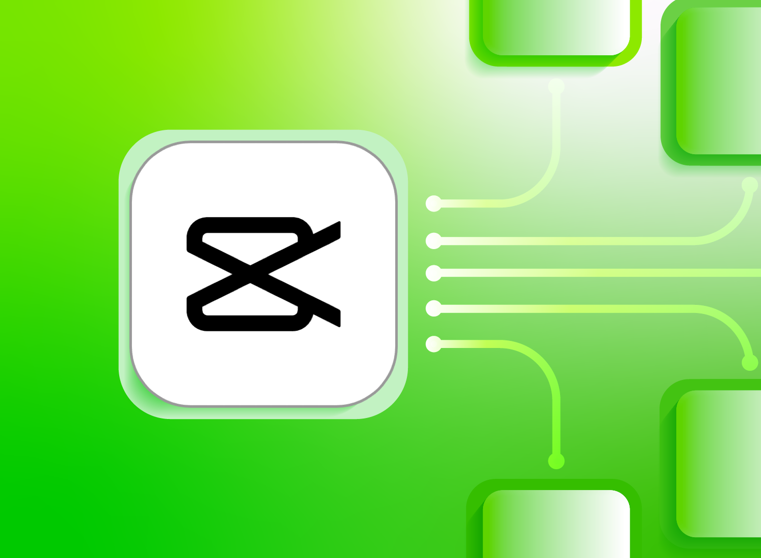 This image showcases the CapCut logo, featuring a bold black "X-like" symbol on a white square icon. The background is a vibrant green with branching tech-inspired lines, highlighting a modern and dynamic design.