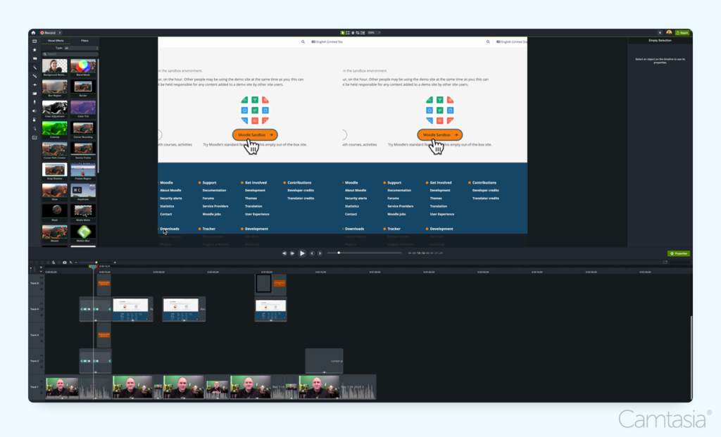 Camtasia Screenshot: A screenshot of the Camtasia video editing software displaying a timeline with layered video and audio tracks. The interface includes tools on the left for effects, annotations, and transitions, with a preview window showing a webpage labeled "Moodle Sandbox."