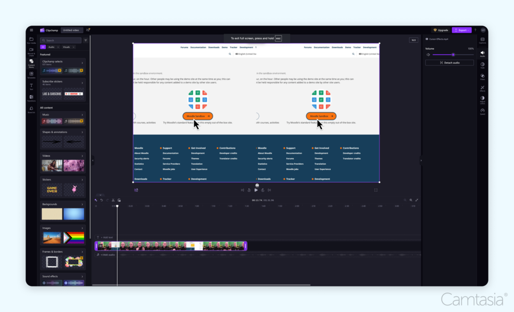 The Clipchamp video editor interface showcasing a timeline with video clips and a preview of a "Moodle Sandbox" webpage. The sidebar on the left features options for music, text, and visual effects, emphasizing simplicity and creativity in editing.

