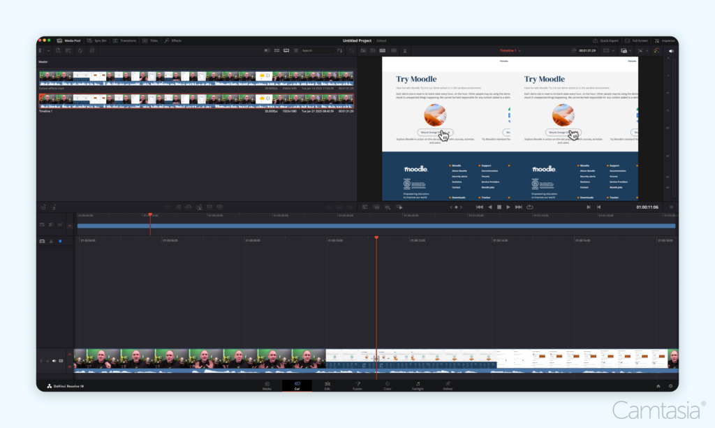 This image displays the DaVinci Resolve interface, showcasing a video editing timeline with multiple clips, thumbnails, and a preview of a webpage labeled "Try Moodle." The dark-themed workspace highlights the timeline and tools for precise video editing and visual adjustments.