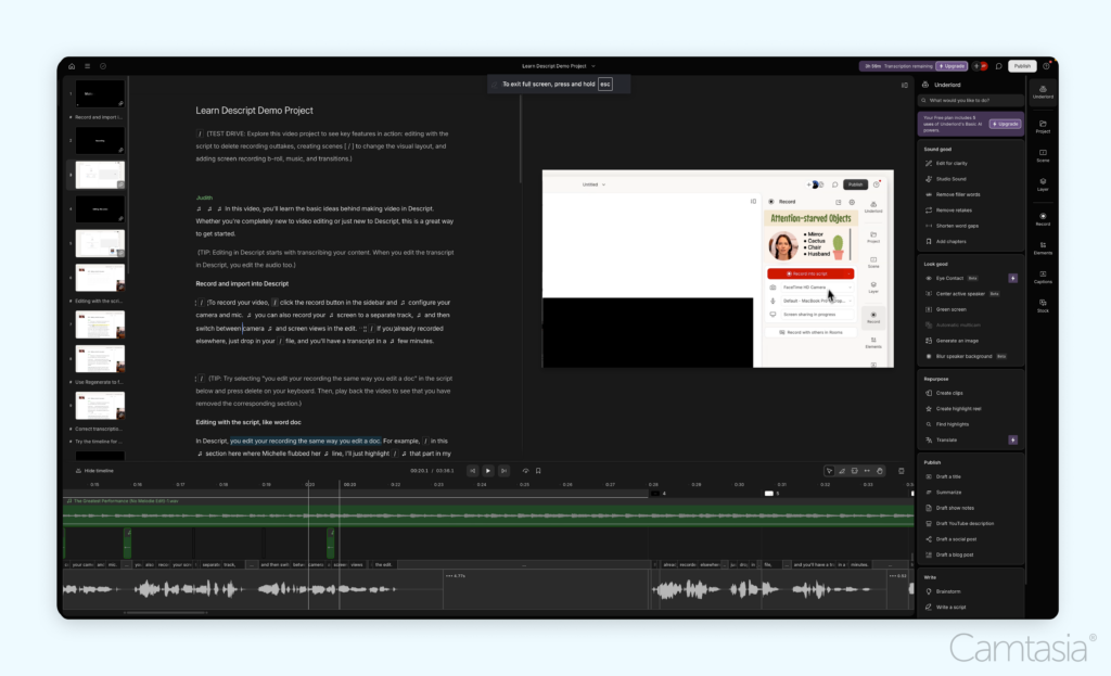 The Descript interface featuring a video editing project with a transcription on the left and a video preview on the right. The audio waveform is displayed at the bottom, showcasing its unique script-based editing functionality.