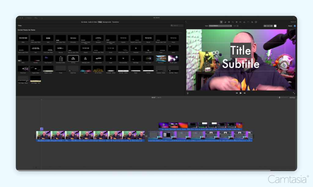 iMovie Screenshot: The iMovie interface displaying a timeline with video clips and a preview window on the right showing a video with a "Title Subtitle" text overlay. The top section showcases available title animations and effects.