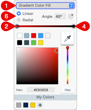 Opciones de degradado etiquetadas en el selector de colores