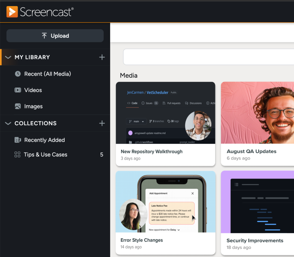 Screenshot of screencast media library