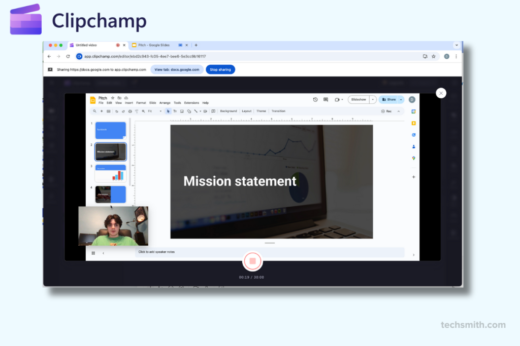 Clipchamp screen recorder capturing a Google Slides presentation with a visible webcam overlay, featuring streamlined recording tools for creating video content.