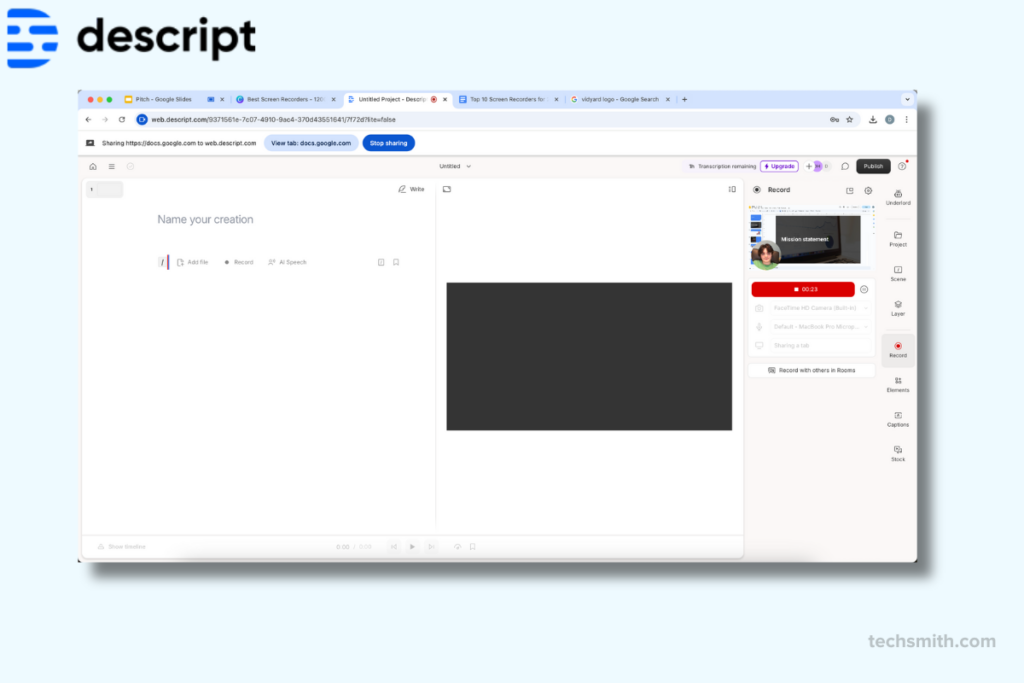 Descript screen recorder featuring a blank project with options for video editing, transcription, and screen recording, tailored for detailed post-production.