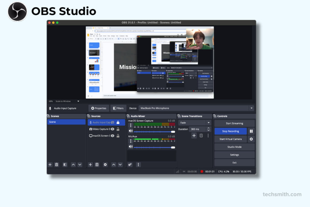 OBS Studio screen recorder showing a complex layout with audio mixer, video sources, and streaming controls, ideal for professional recording setups.