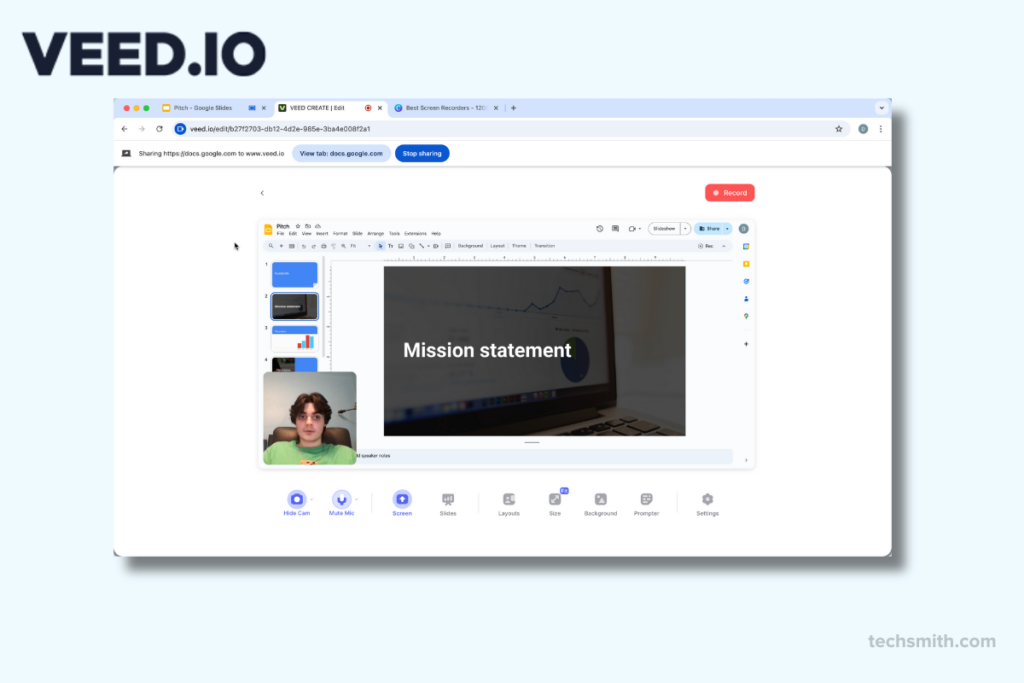 VEED.IO screen recorder capturing a Google Slides presentation with an embedded webcam feed and intuitive video editing options.