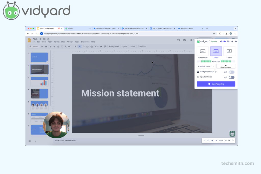 Vidyard screen recorder capturing a Google Slides presentation with webcam overlay and recording settings optimized for business and educational use.