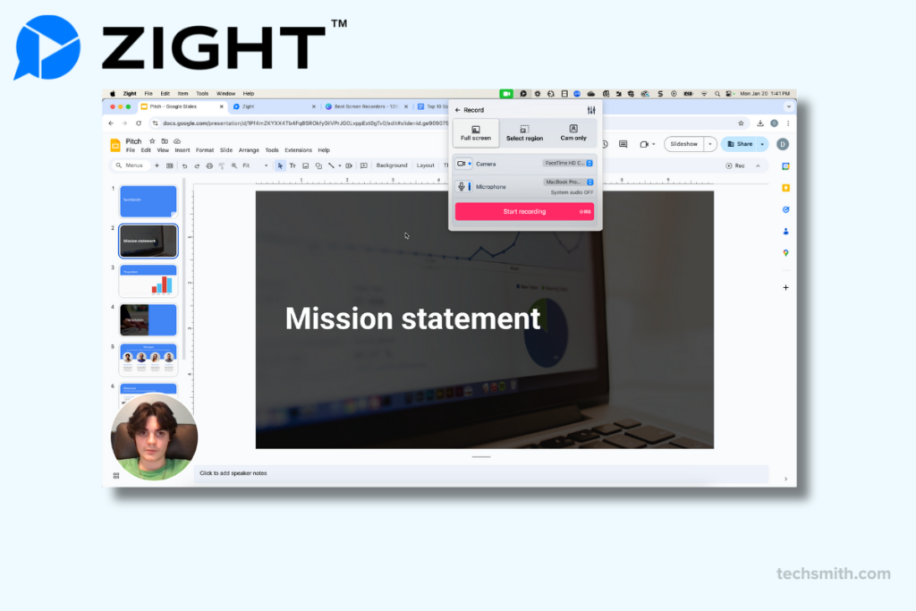 Zight screen recorder showcasing a Google Slides presentation with a webcam overlay and compact recording controls for quick and efficient screen captures.