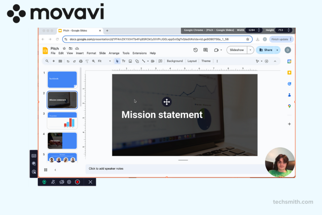 Movavi screen recorder displaying a Google Slides presentation with a webcam overlay, emphasizing its ability to record presentations with video narration.