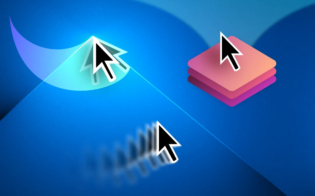 Images of mouse cursors with motion blur, kinetic cursor, and cursor elevation applied.